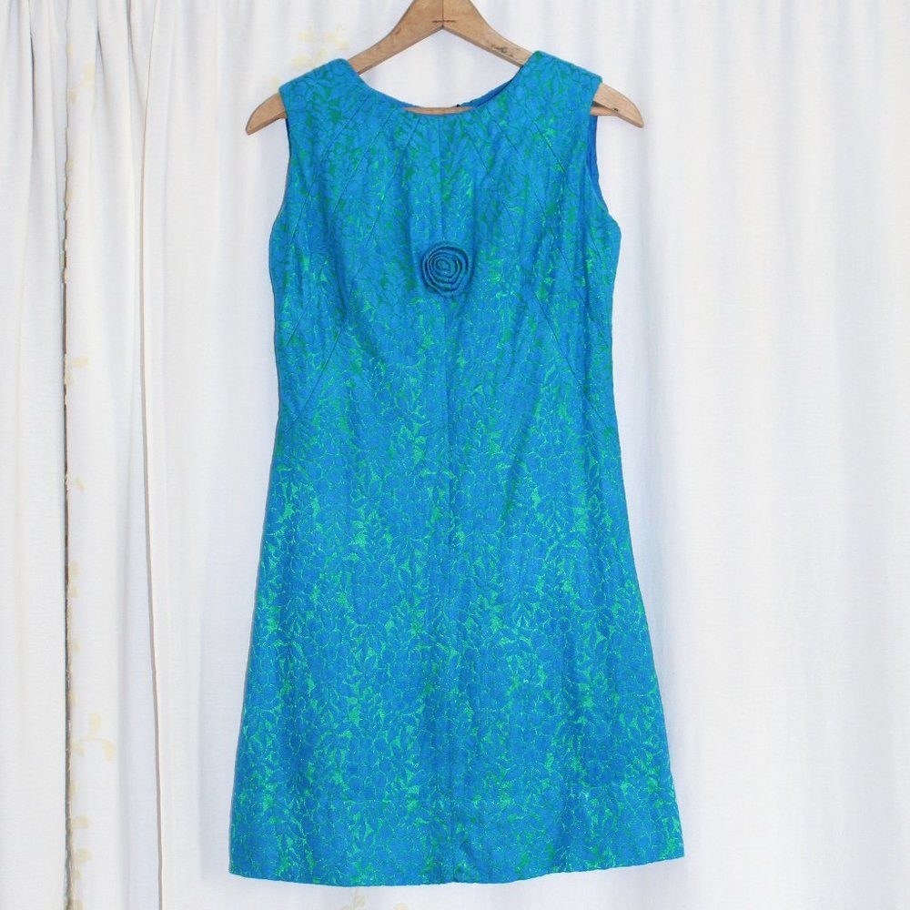 Vintage 60s Nadine Jr Petites Blue Green Floral Brocade Shift Dress Women's S/M